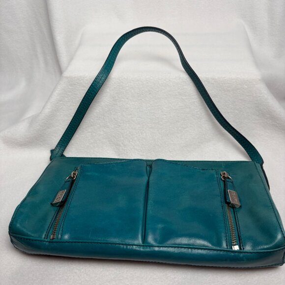 Kenneth Cole Reaction Teal-Colored Leather Shoulder Clutch Style Handbag - Picture 13 of 16